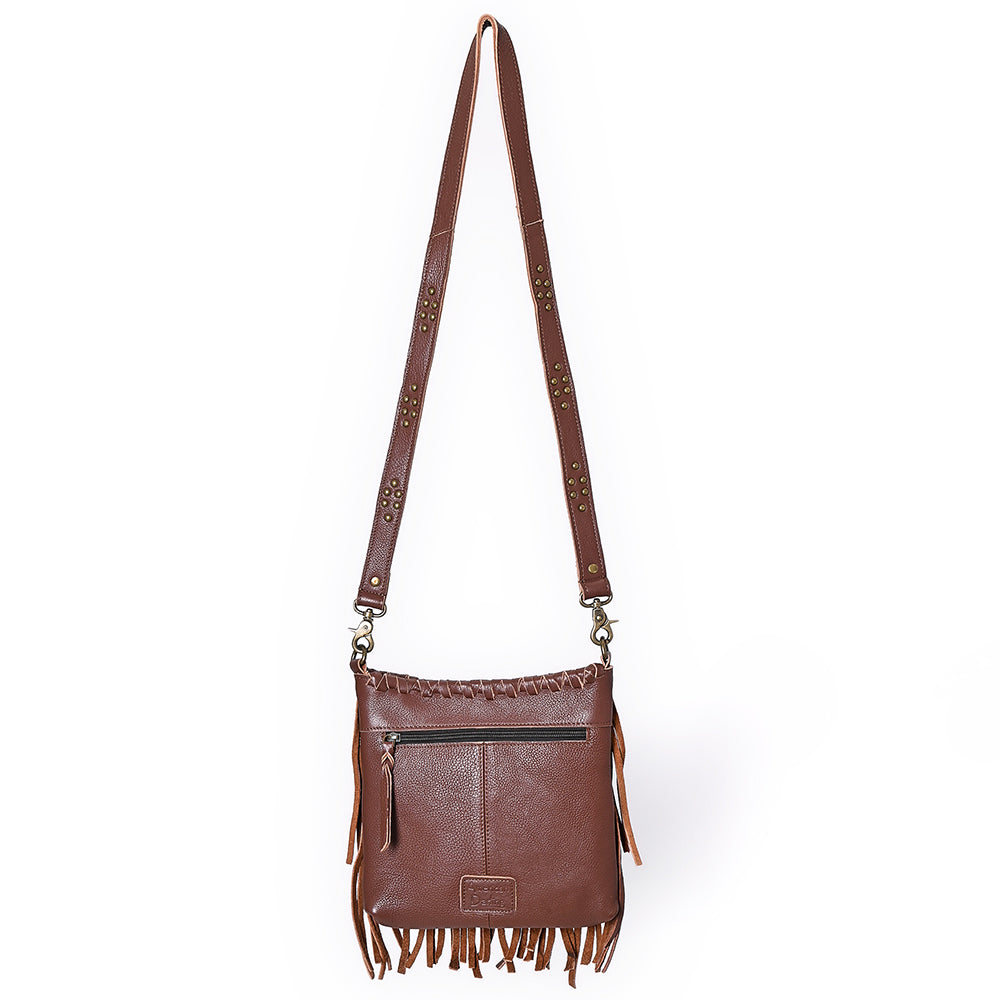 ADBGM482 Leather Fringe Crossbody Bag - Western Braided Top with Studded Strap