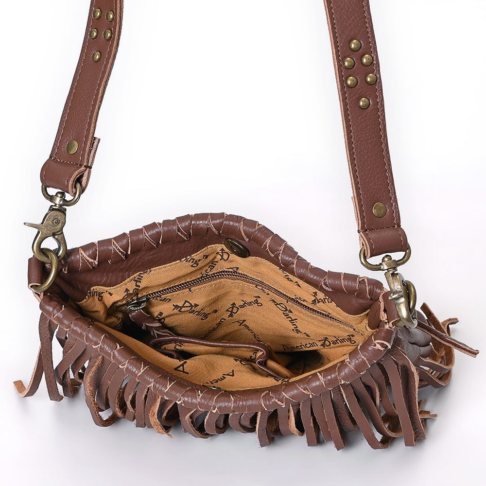 ADBGM482 Leather Fringe Crossbody Bag - Western Braided Top with Studded Strap