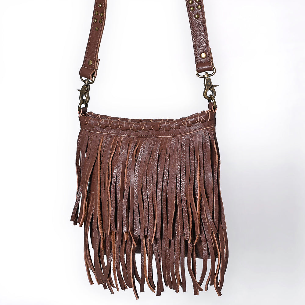 ADBGM482 Leather Fringe Crossbody Bag - Western Braided Top with Studded Strap