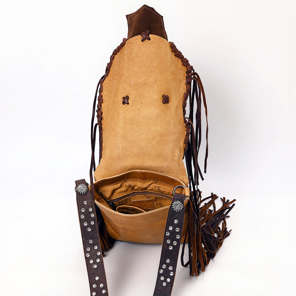 ADBGM483 Western Fringe Leather Messenger - Rectangular Turquoise Concho & Studded Strap