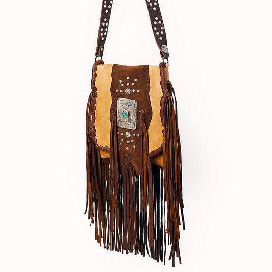 ADBGM483 Western Fringe Leather Messenger - Rectangular Turquoise Concho & Studded Strap