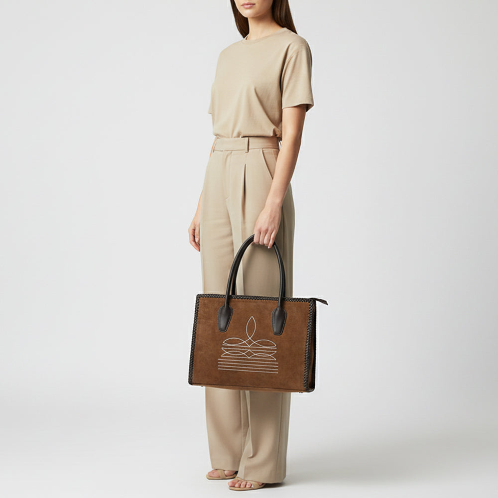 ADBGM484 Genuine suede Western Tote - White Stitch Detail with Braided Trim & Black Leather Handles
