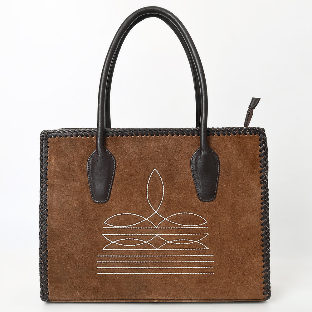 ADBGM484 Genuine suede Western Tote - White Stitch Detail with Braided Trim & Black Leather Handles