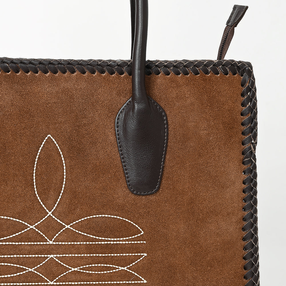 ADBGM484 Genuine suede Western Tote - White Stitch Detail with Braided Trim & Black Leather Handles