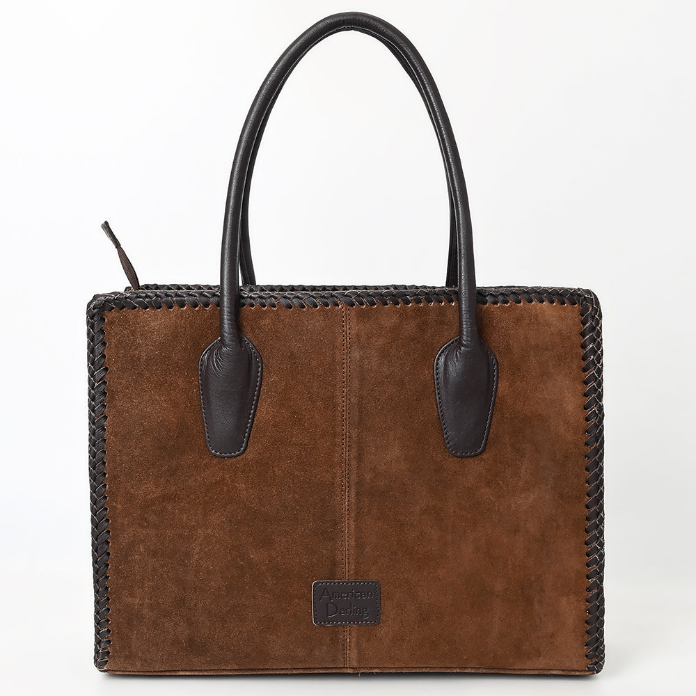 ADBGM484 Genuine suede Western Tote - White Stitch Detail with Braided Trim & Black Leather Handles