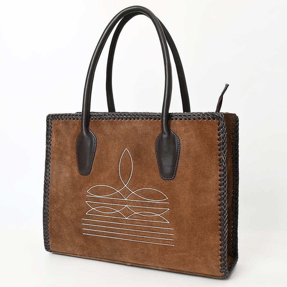 ADBGM484 Genuine suede Western Tote - White Stitch Detail with Braided Trim & Black Leather Handles