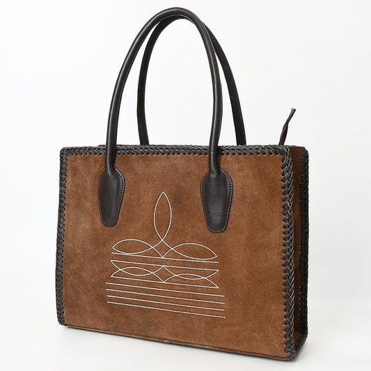 ADBGM484 Genuine suede Western Tote - White Stitch Detail with Braided Trim & Black Leather Handles