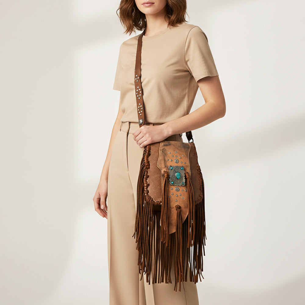 ADBGM485 Distressed Leather Fringe Messenger - Western Turquoise Concho & Studded Strap