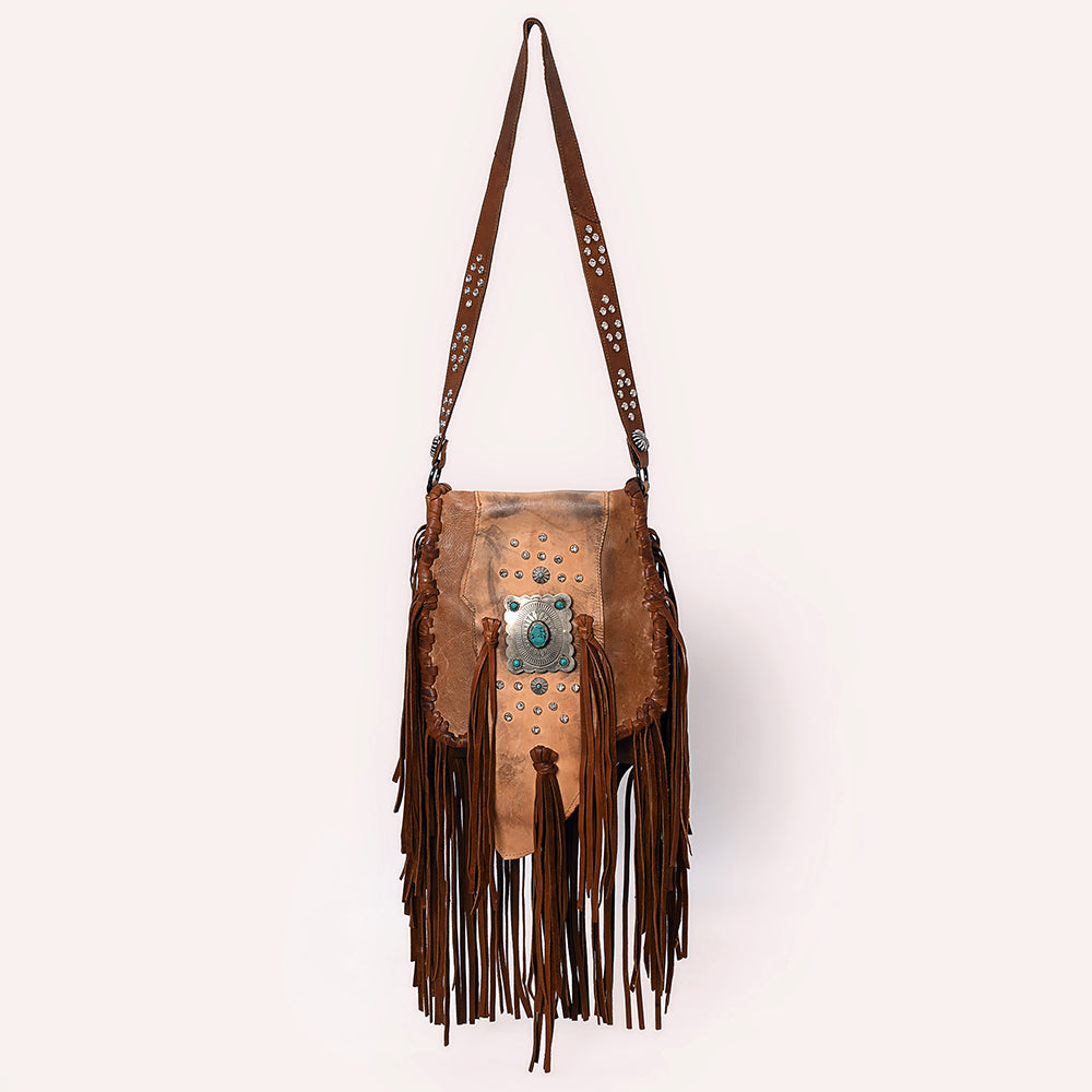 ADBGM485 Distressed Leather Fringe Messenger - Western Turquoise Concho & Studded Strap