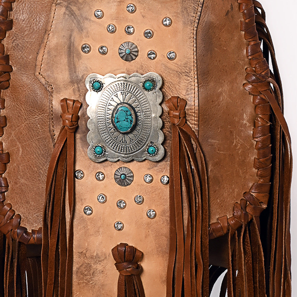 ADBGM485 Distressed Leather Fringe Messenger - Western Turquoise Concho & Studded Strap