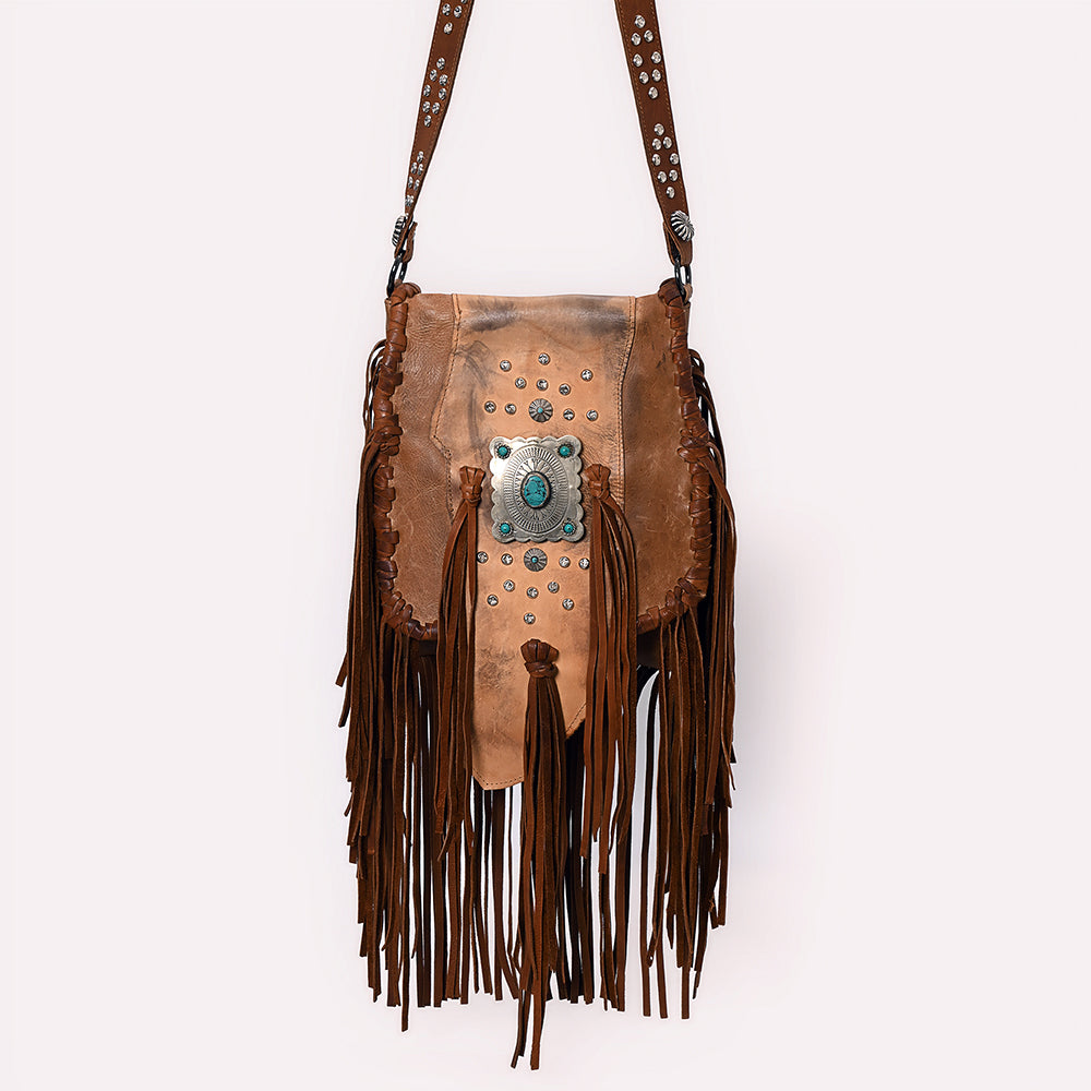 ADBGM485 Distressed Leather Fringe Messenger - Western Turquoise Concho & Studded Strap