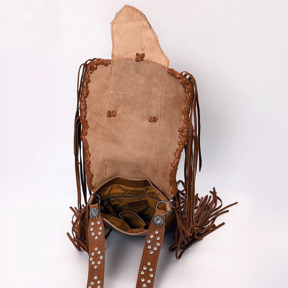 ADBGM485 Distressed Leather Fringe Messenger - Western Turquoise Concho & Studded Strap