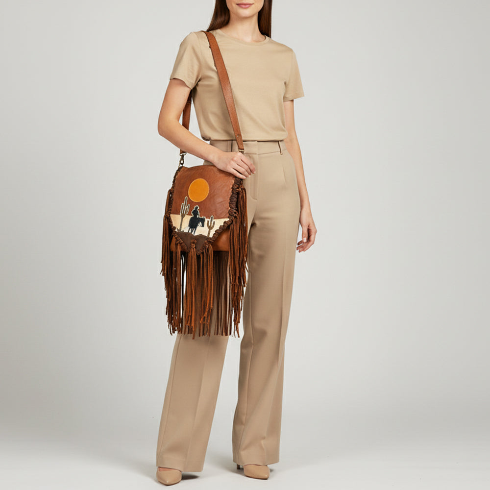 ADBGM486 Western Sunset Fringe Bag - Leather Messenger with Cowboy & Cactus Applique