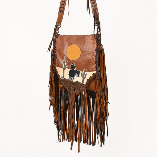 ADBGM486 Western Sunset Fringe Bag - Leather Messenger with Cowboy & Cactus Applique