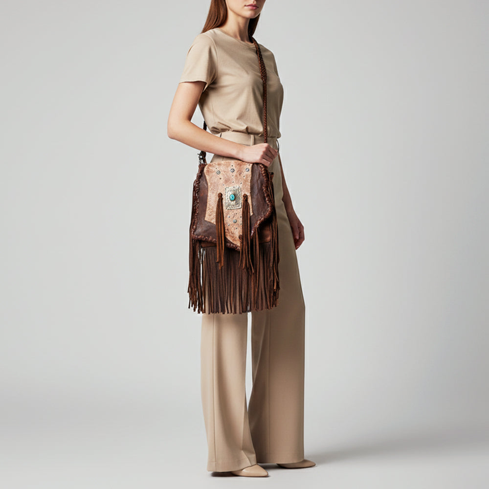 ADBGM487 Two-Tone Leather Fringe Messenger - Western Turquoise Concho & Braided Strap