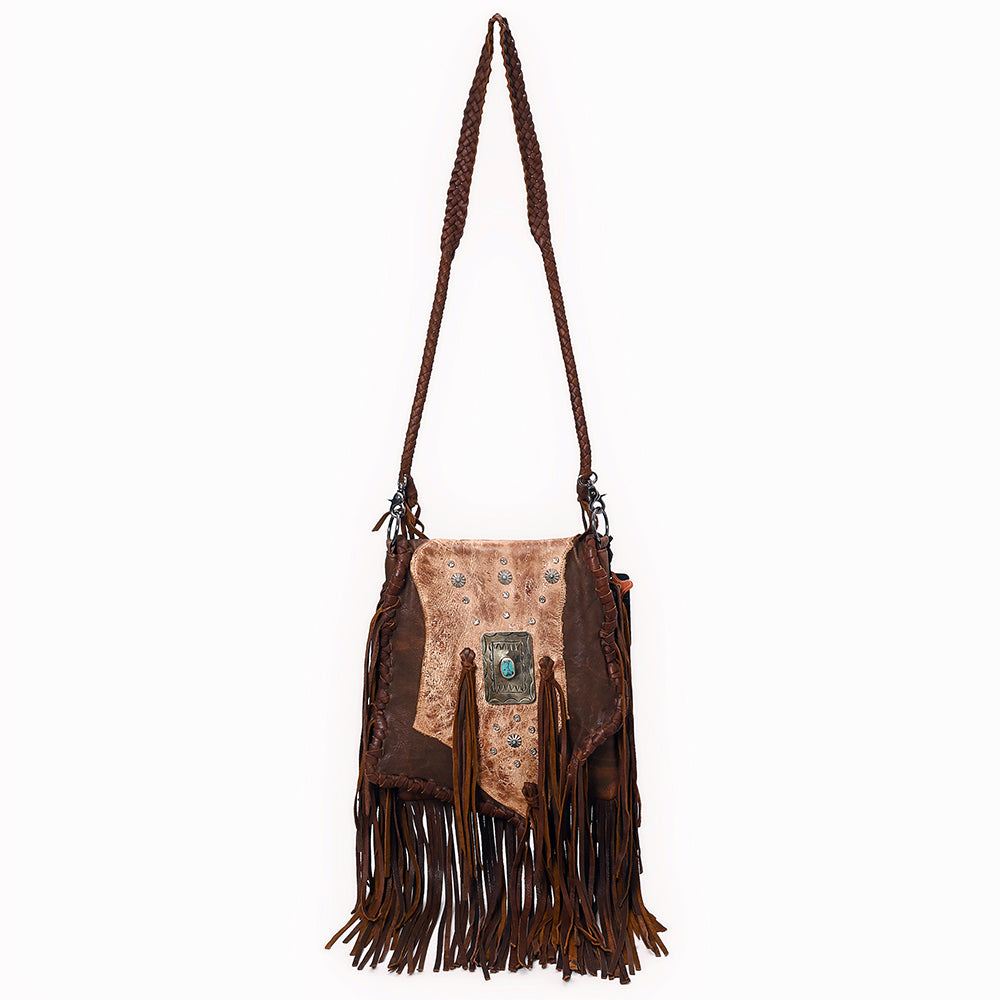 ADBGM487 Two-Tone Leather Fringe Messenger - Western Turquoise Concho & Braided Strap