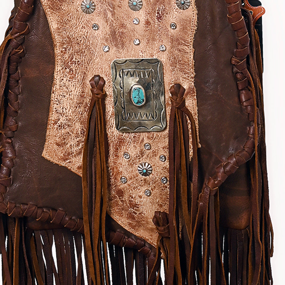 ADBGM487 Two-Tone Leather Fringe Messenger - Western Turquoise Concho & Braided Strap