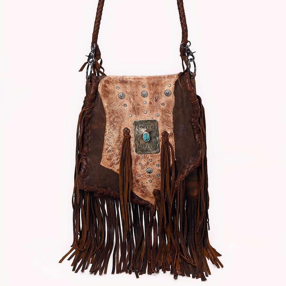 ADBGM487 Two-Tone Leather Fringe Messenger - Western Turquoise Concho & Braided Strap
