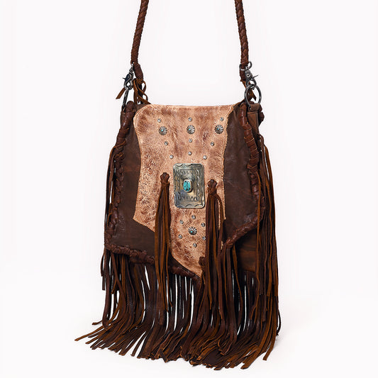 ADBGM487 Two-Tone Leather Fringe Messenger - Western Turquoise Concho & Braided Strap