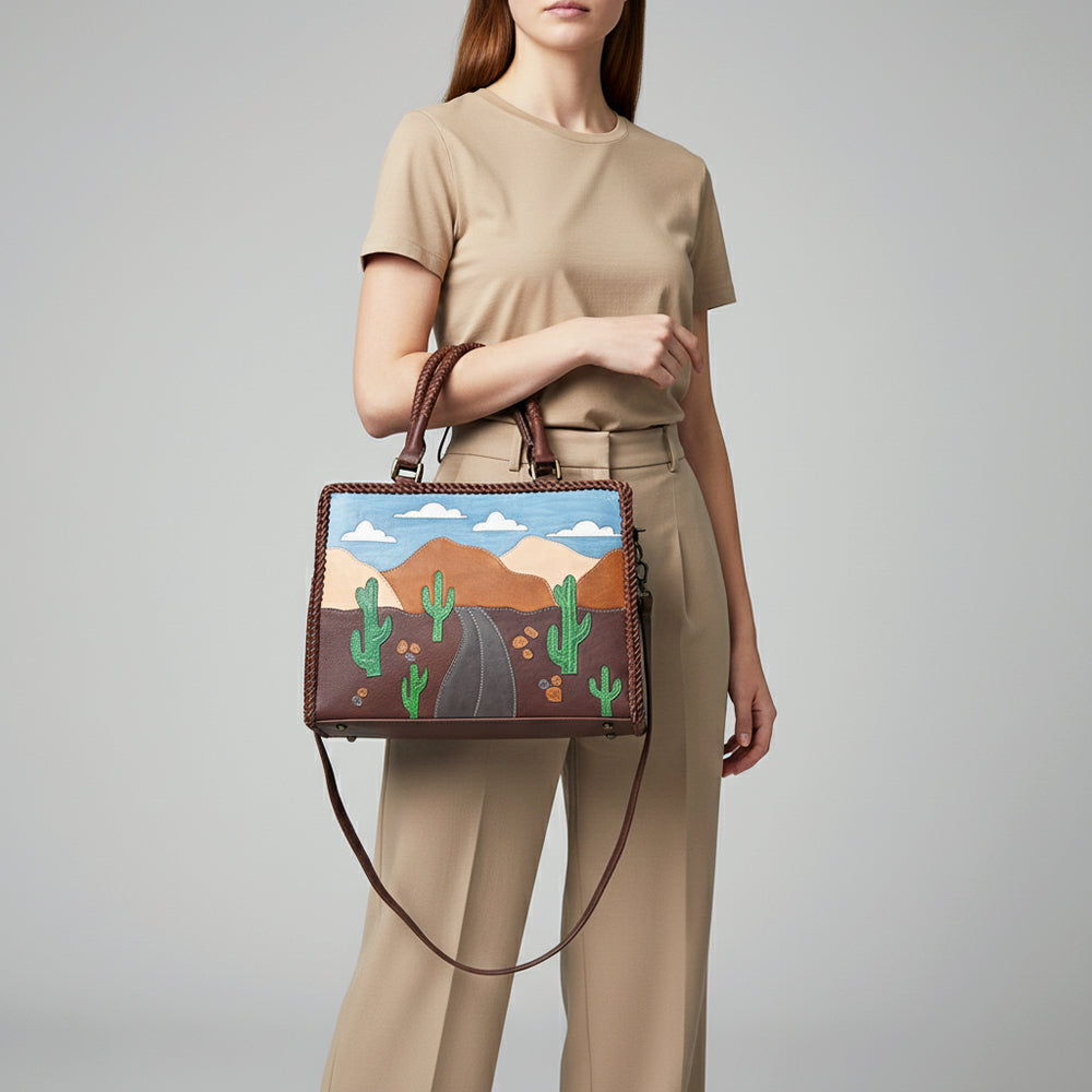 ADBGM489 Desert Road Applique Leather Tote - Western Cactus & Mountain Landscape Handbag