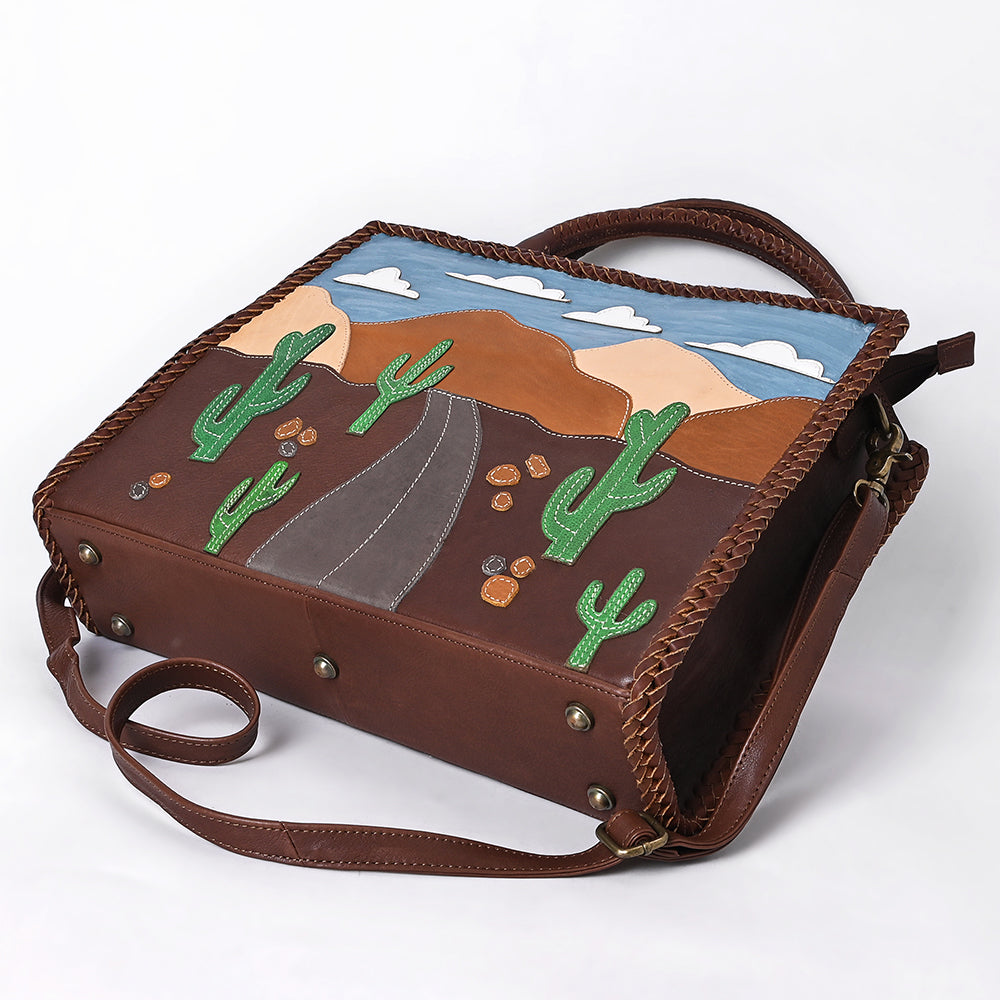 ADBGM489 Desert Road Applique Leather Tote - Western Cactus & Mountain Landscape Handbag