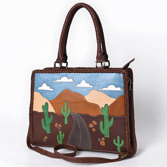 ADBGM489 Desert Road Applique Leather Tote - Western Cactus & Mountain Landscape Handbag