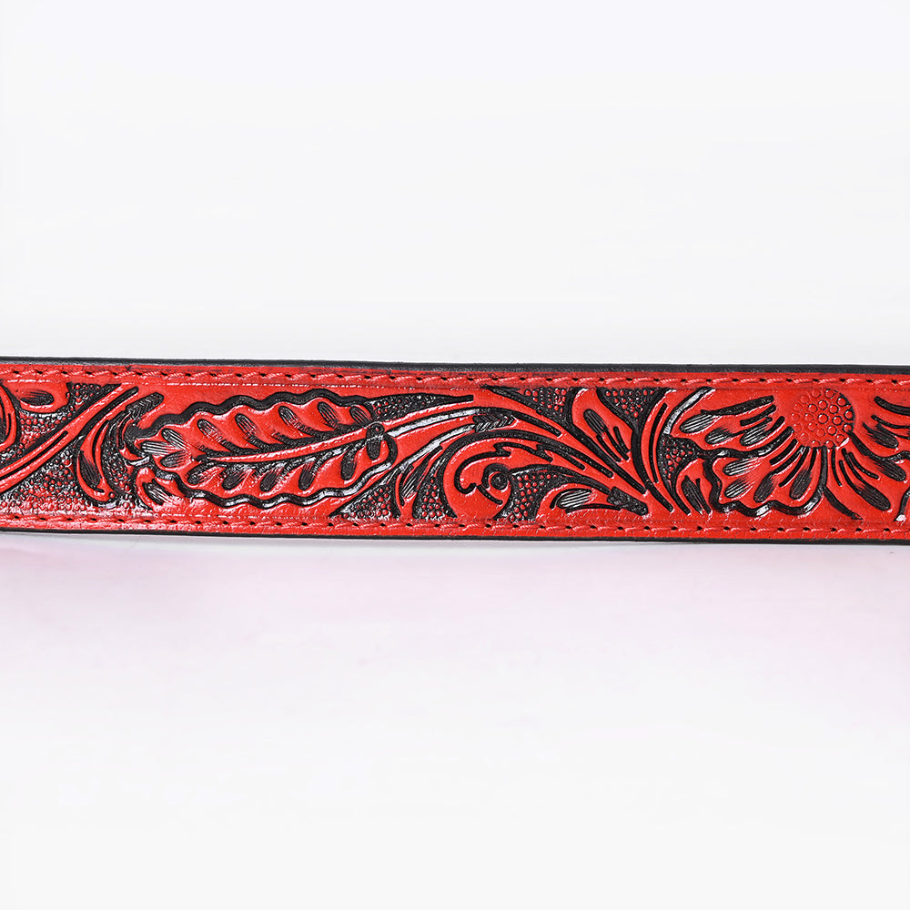 ADBL168 Red Floral Hand-Tooled Leather Belt with Western Oval Buckle