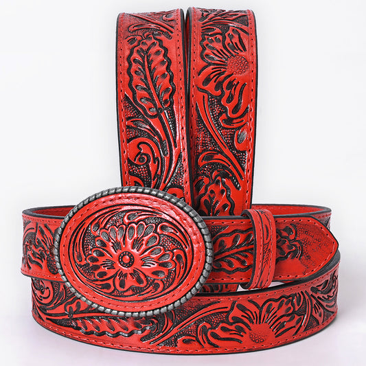 ADBL168 Red Floral Hand-Tooled Leather Belt with Western Oval Buckle