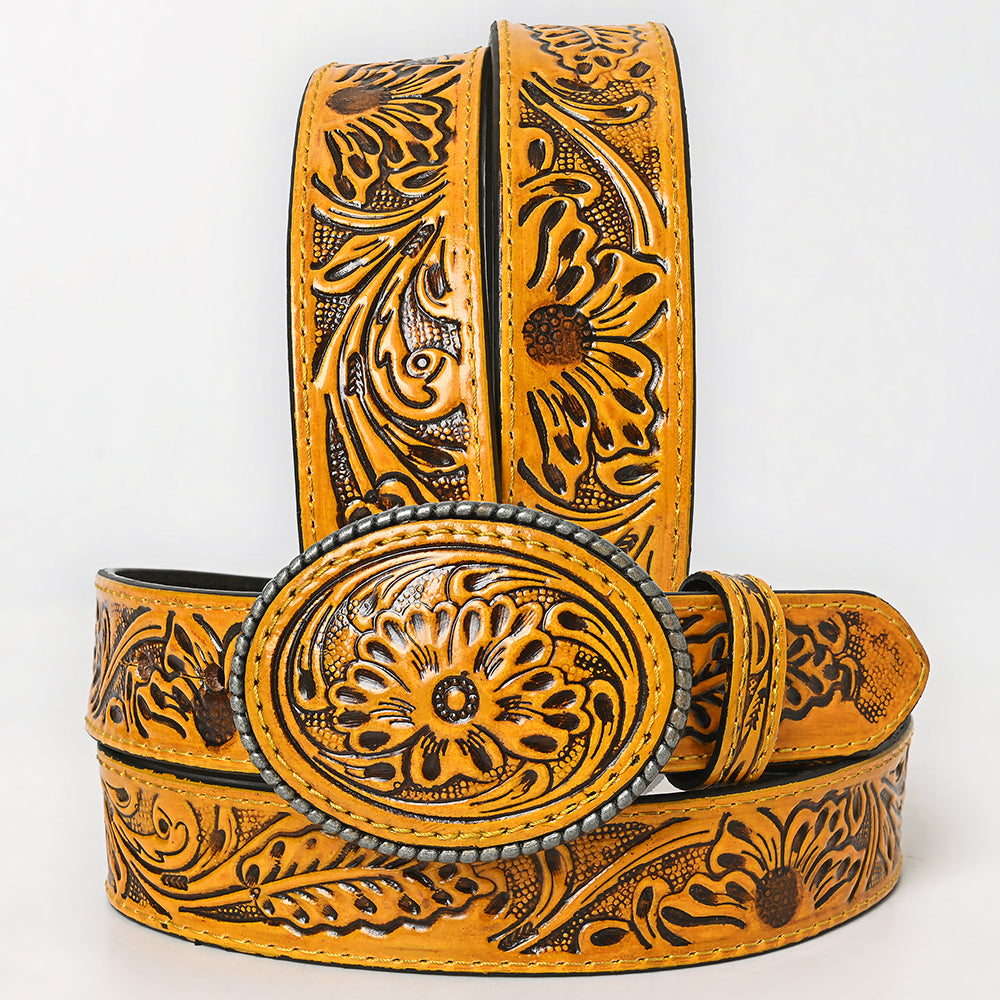 ADBL170 Hand-Tooled Yellow Floral Western Leather Belt with Oval Buckle
