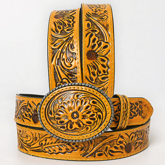 ADBL170 Hand-Tooled Yellow Floral Western Leather Belt with Oval Buckle