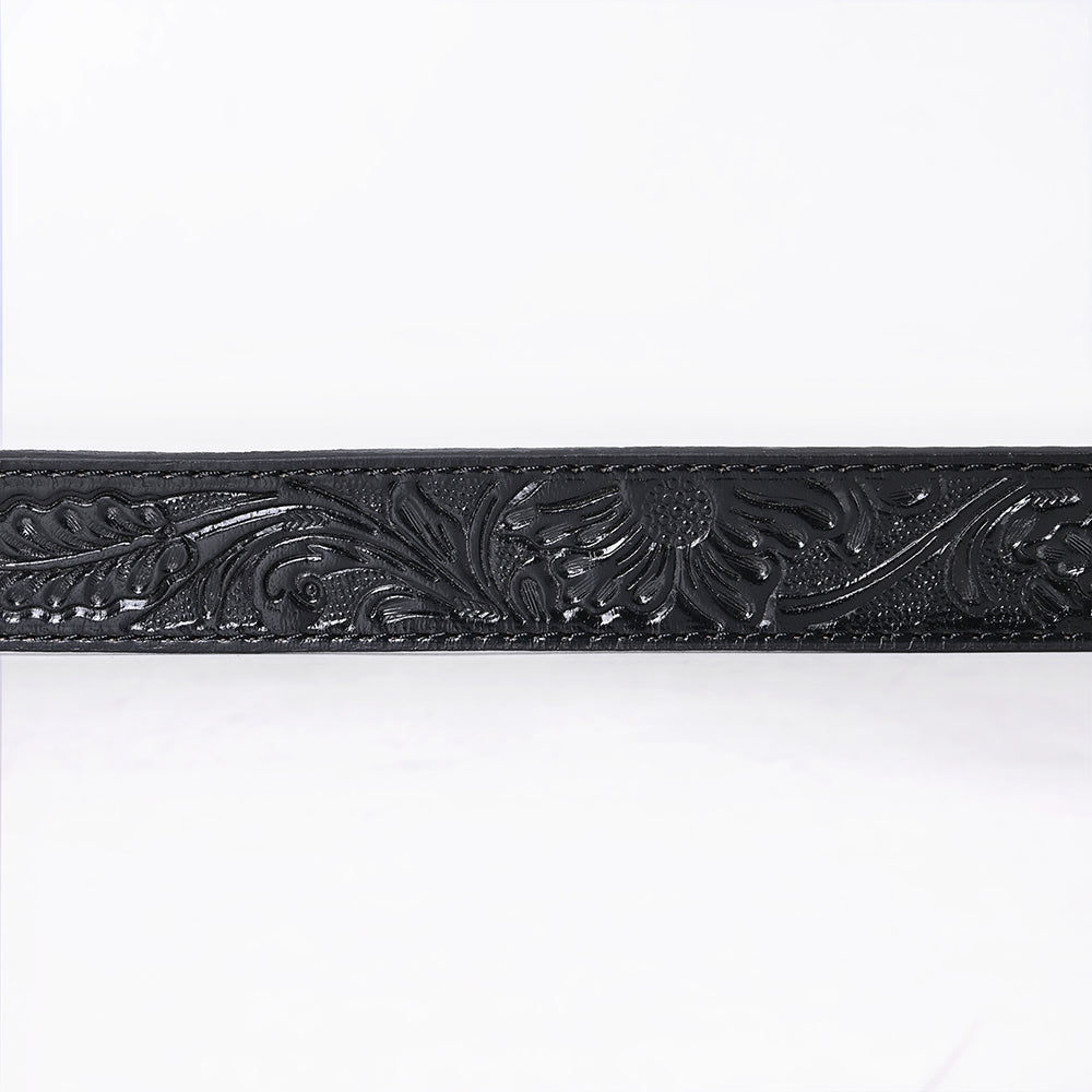 ADBL171 Hand-Tooled Black Floral Western Leather Belt with Oval Buckle