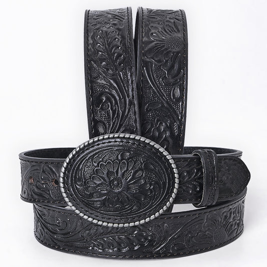 ADBL171 Hand-Tooled Black Floral Western Leather Belt with Oval Buckle