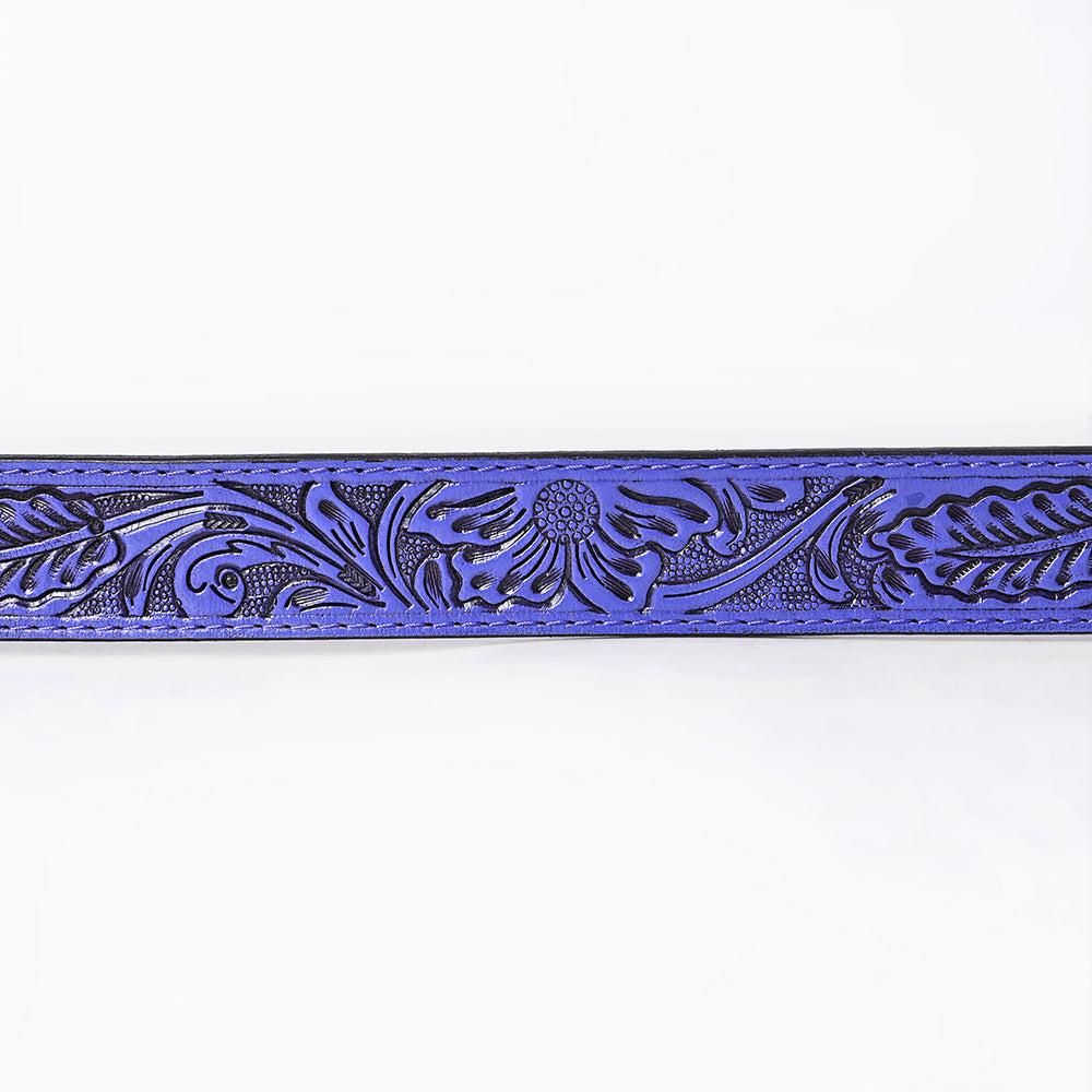ADBL172 Hand-Tooled Purple Floral Western Leather Belt with Oval Buckle