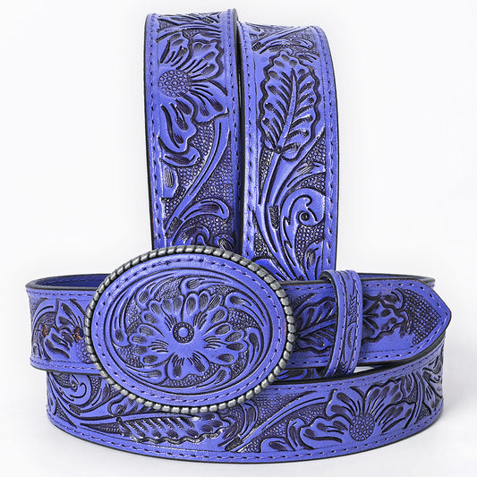 ADBL172 Hand-Tooled Purple Floral Western Leather Belt with Oval Buckle