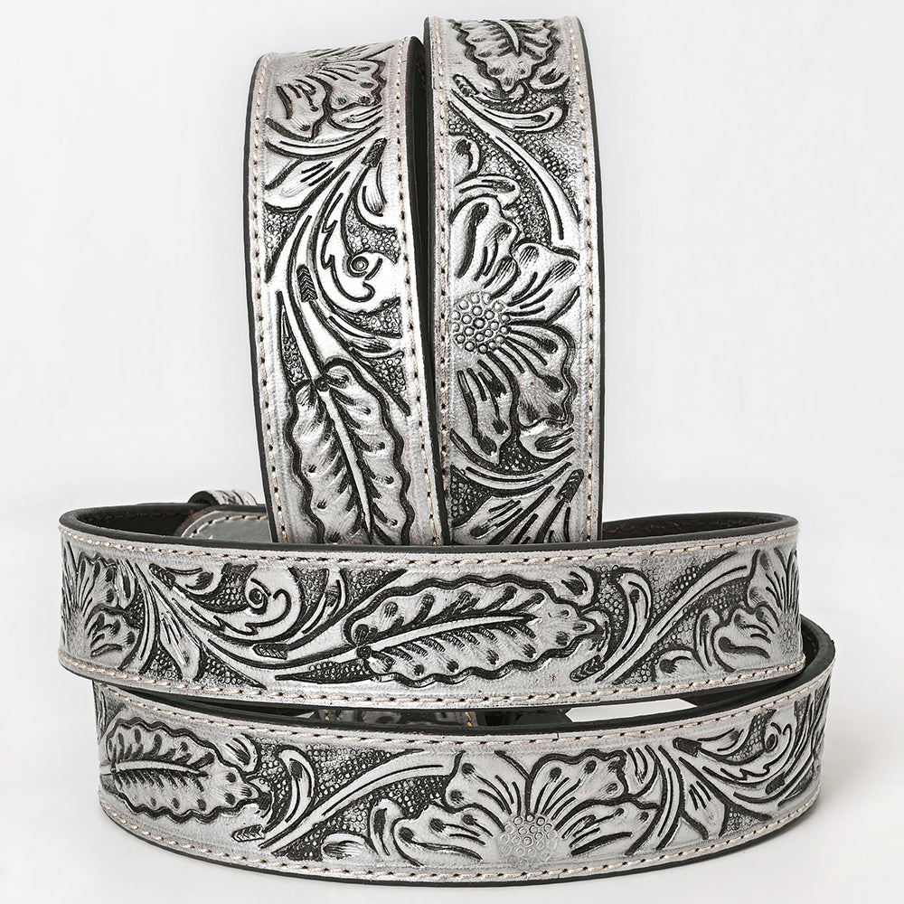 ADBL173 Hand-Tooled Silver Floral Western Leather Belt with Oval Buckle