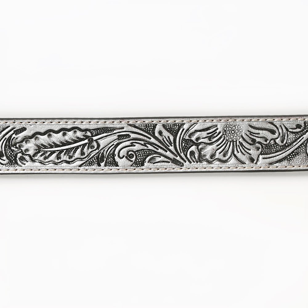 ADBL173 Hand-Tooled Silver Floral Western Leather Belt with Oval Buckle