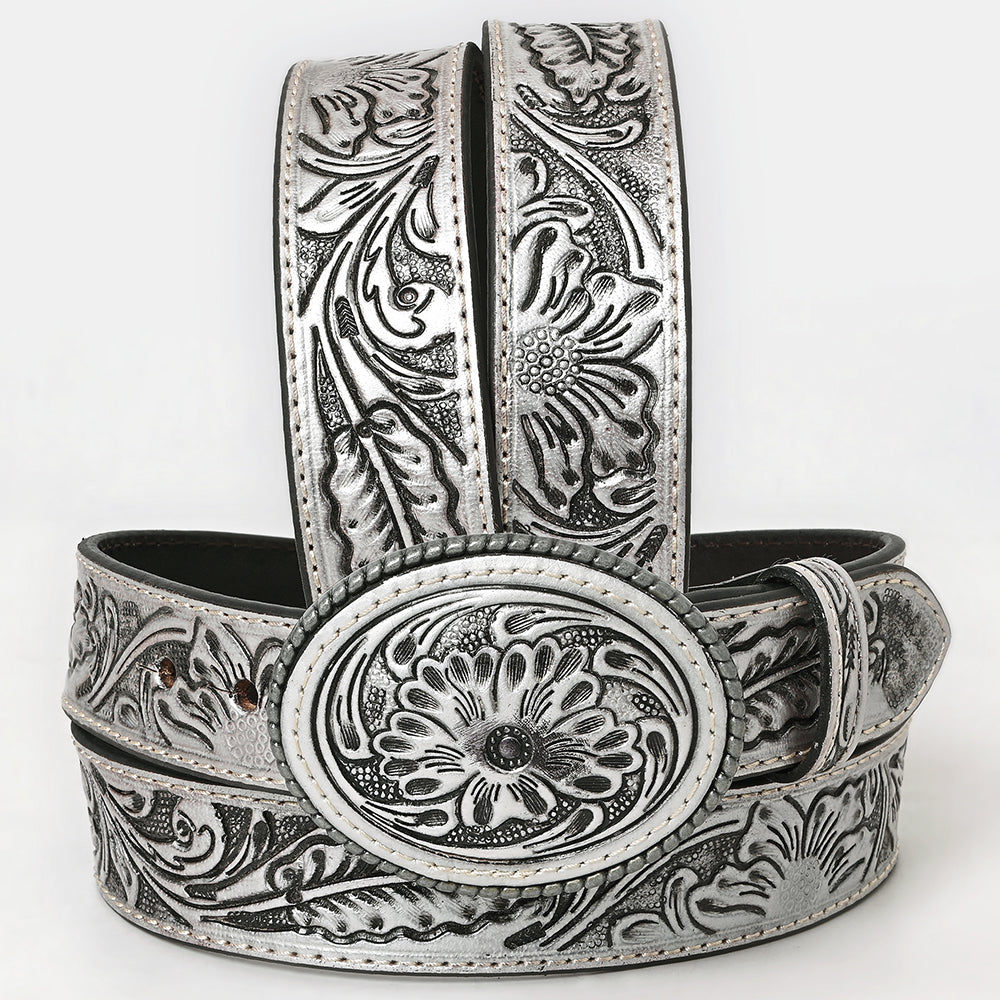 ADBL173 Hand-Tooled Silver Floral Western Leather Belt with Oval Buckle
