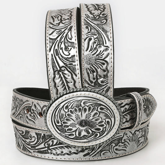 ADBL173 Hand-Tooled Silver Floral Western Leather Belt with Oval Buckle