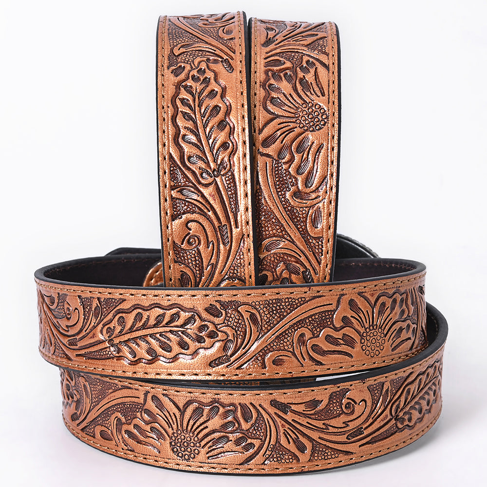 ADBL174 Hand-Tooled Copper Brown Western Leather Belt with Floral Oval Buckle