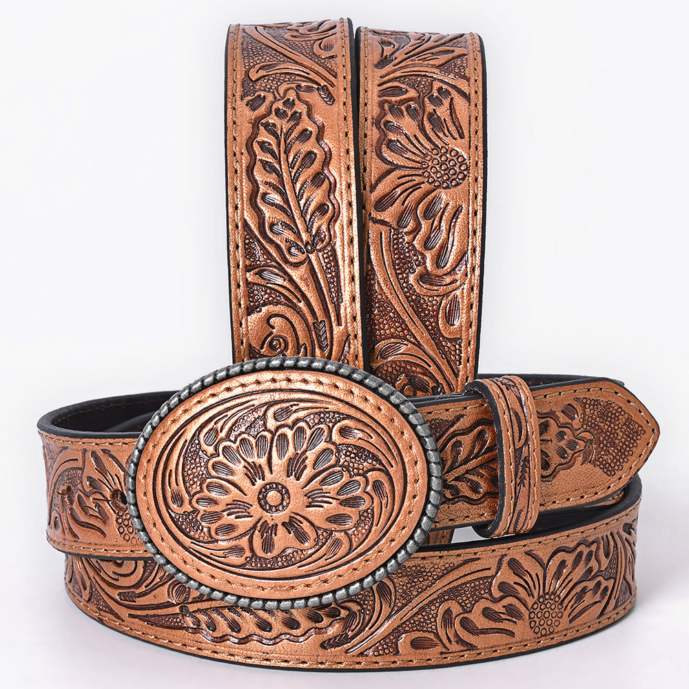 ADBL174 Hand-Tooled Copper Brown Western Leather Belt with Floral Oval Buckle