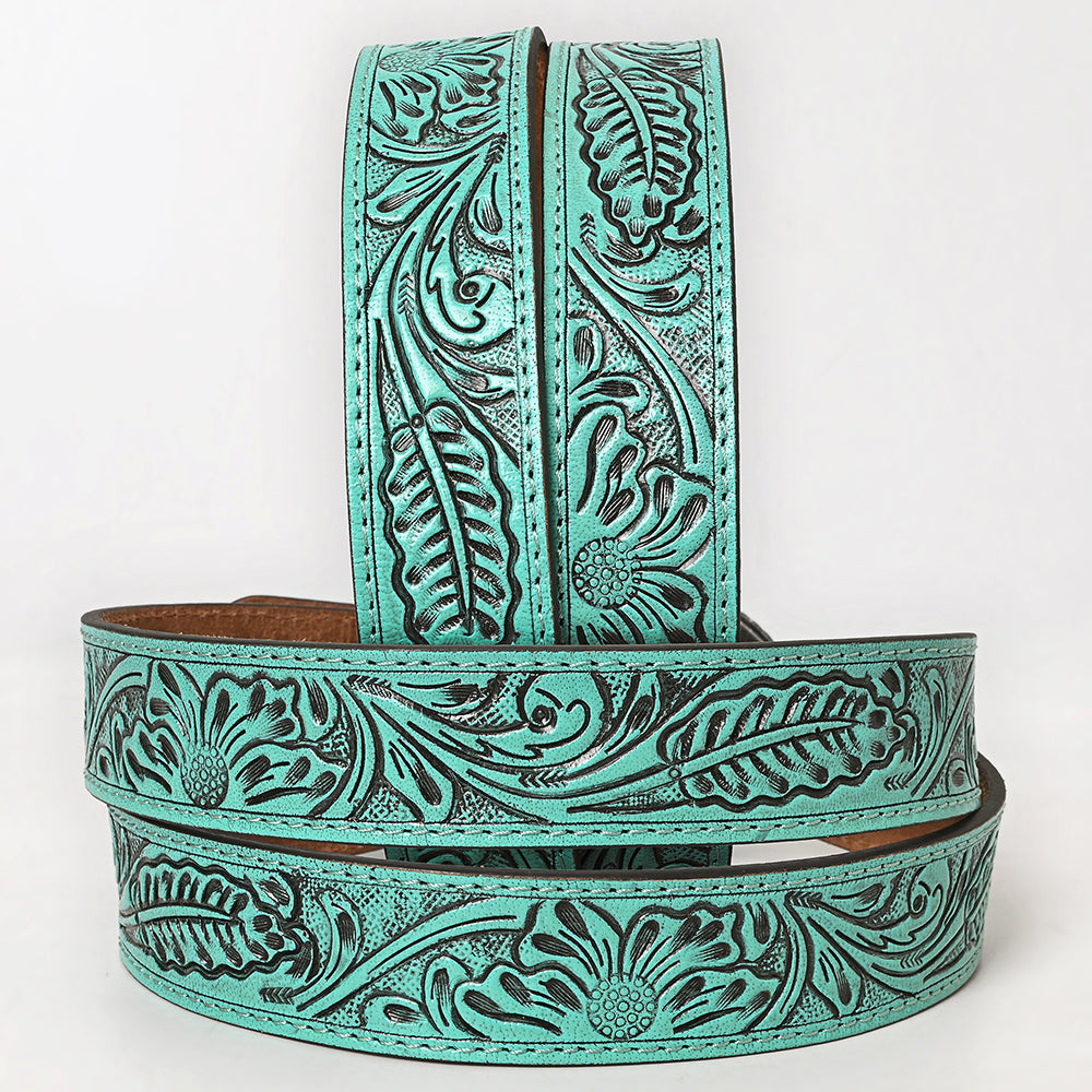 ADBL175 Hand-Tooled Turquoise Floral Western Leather Belt with Oval Buckle