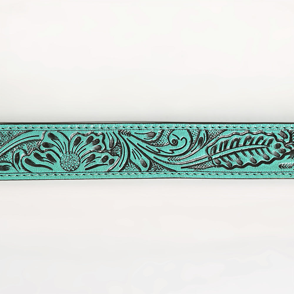 ADBL175 Hand-Tooled Turquoise Floral Western Leather Belt with Oval Buckle