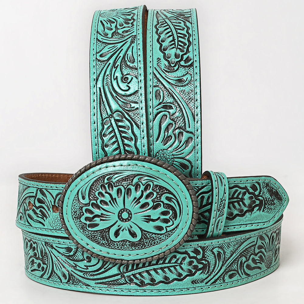 ADBL175 Hand-Tooled Turquoise Floral Western Leather Belt with Oval Buckle