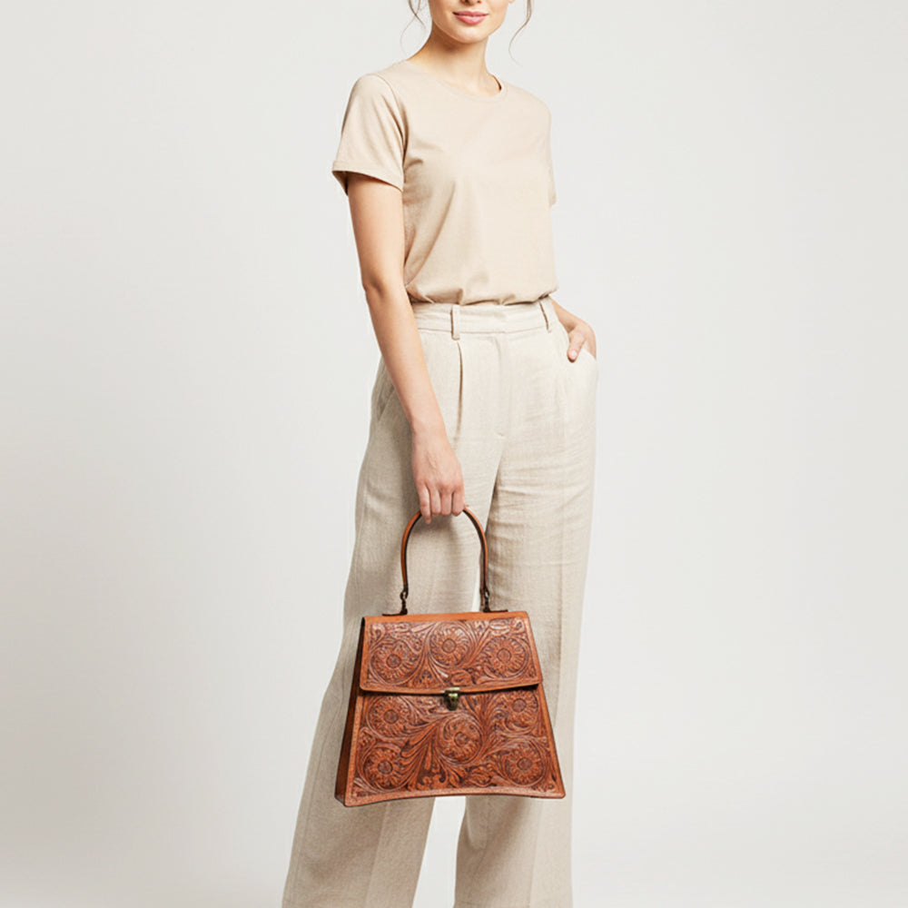 ADBGZ808 Hand-Tooled Leather Flap Tote Bag - Western Top Handle Purse