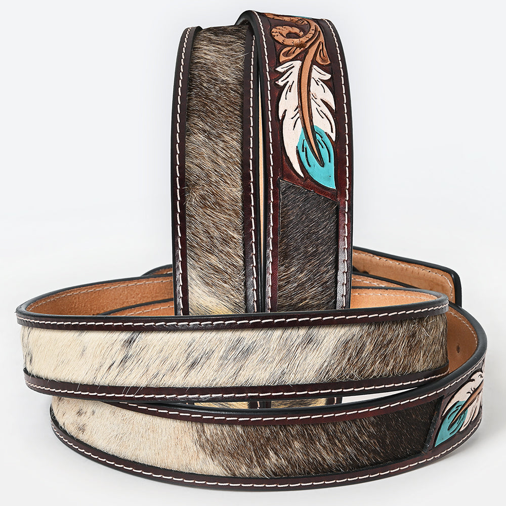 ADBLF268 Feather Tooled Leather Belt with Hair-On Hide Inlay and Turquoise Accents