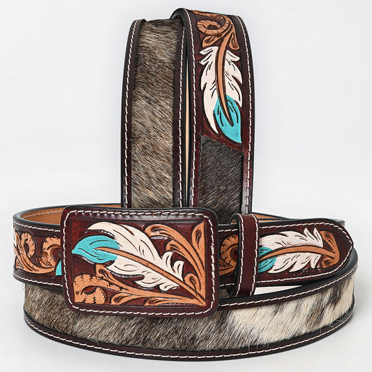 ADBLF268 Feather Tooled Leather Belt with Hair-On Hide Inlay and Turquoise Accents