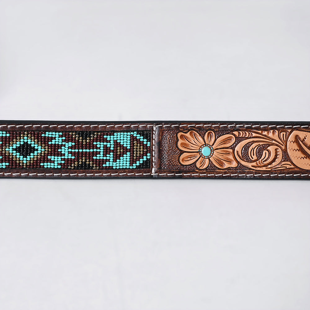 ADBLF269 Turquoise Beaded Navajo Western Belt with Tooled Bull Skull Buckle