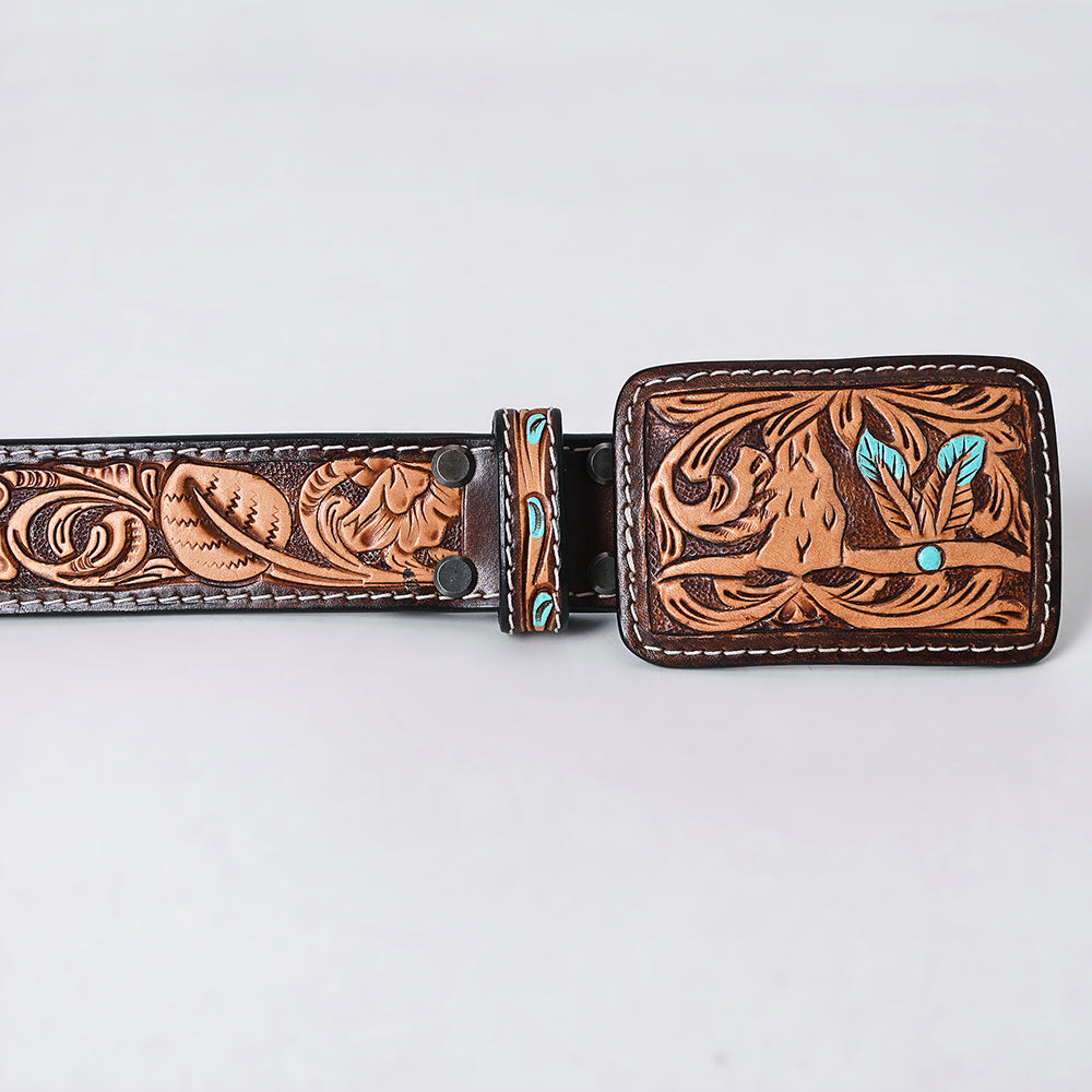ADBLF269 Turquoise Beaded Navajo Western Belt with Tooled Bull Skull Buckle