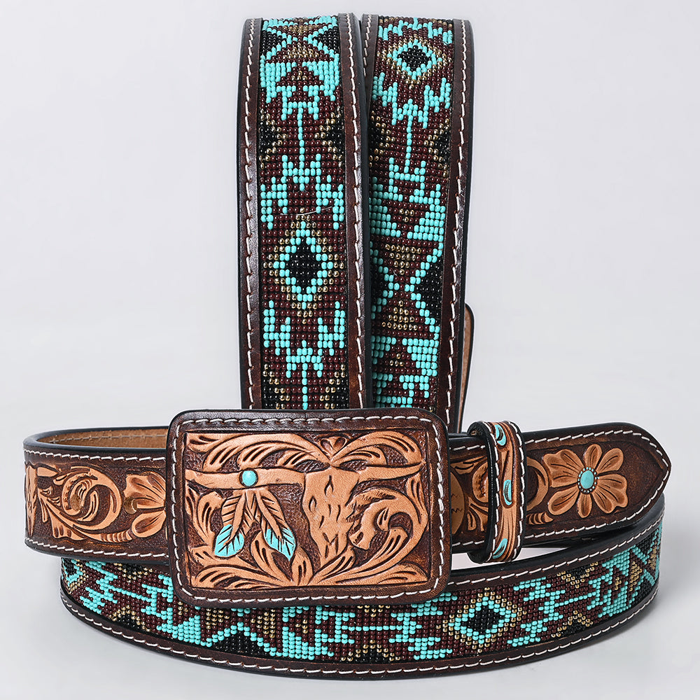 ADBLF269 Turquoise Beaded Navajo Western Belt with Tooled Bull Skull Buckle