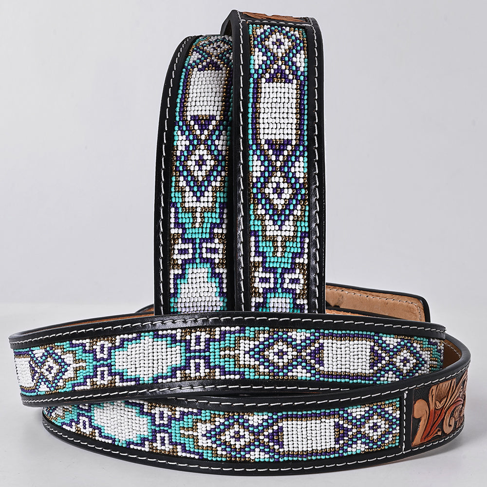 ADBLF270 Icy Turquoise Navajo Beaded Western Belt with Tooled Leather Buckle